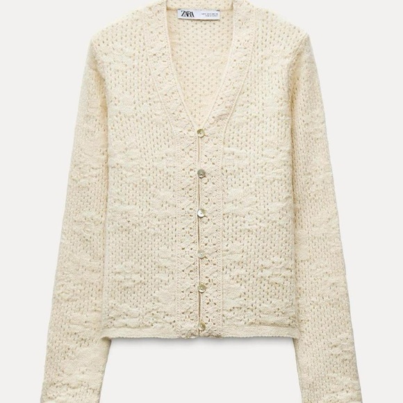 NWT Zara Pointelle Knit Floral Cardigan Sweater in Cream - Picture 4 of 8